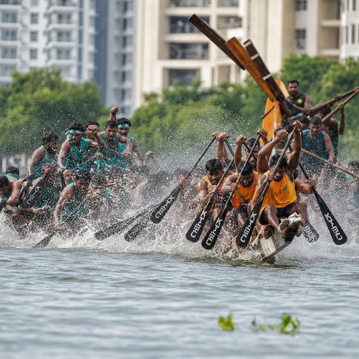 Snake boat crews racing on Punnamada Lake, Alappuzha