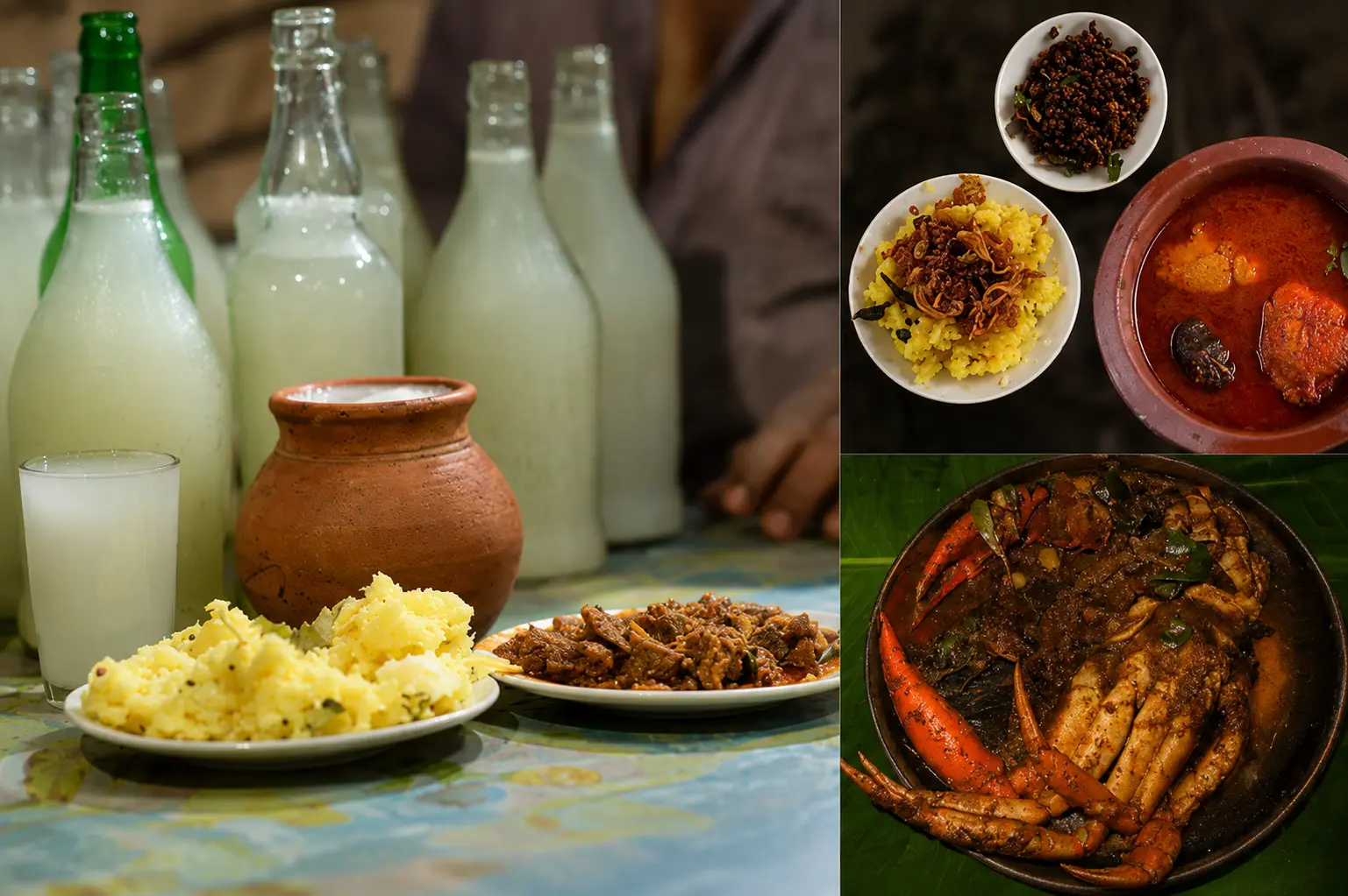 Toddy shop spread — kallu, kappa, duck and crab roast